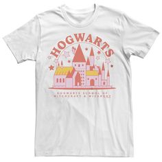 a white t - shirt with hogwart's castle and stars on the front