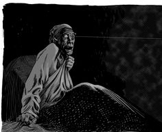 a black and white drawing of an old man sitting in front of a pile of grain