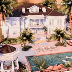 an artist's rendering of a mansion with pool and palm trees