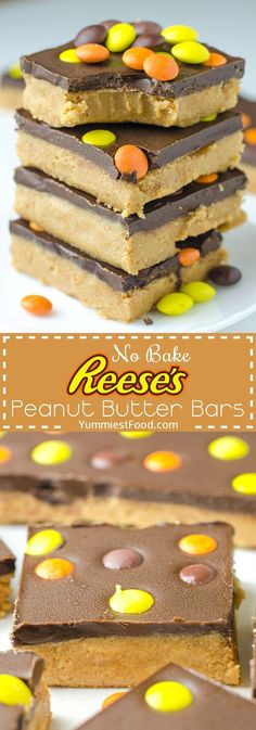 no bake reese peanut butter bars are stacked on top of each other with candy candies