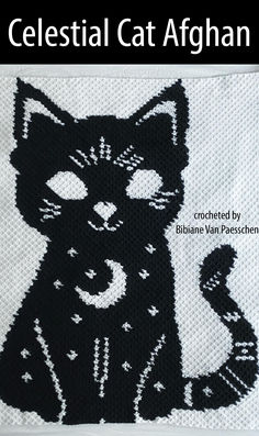 Crochet afghan featuring a mystical celestial cat design with a magical theme. Celestial Crochet Blanket, Cat Crochet Blanket, Mini C2c Crochet, Cat Afghan, Celestial Crochet, Mystical Cat, Bracelet Loom, Black And White Words, Cat Crochet