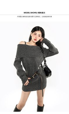 Applicable age: 18-24 years old Size: S M L pattern: plain Style: Commuter Commuter: Korean Collar type: One word collar Waist type: high waist Clothes placket: Pullover Color classification: Dark gray Sleeve: other Combination form: single piece Item number: X22Q6008 Skirt type: other Applicable season: winter Season of the Year: Winter 2022 Sleeve Length: Long Sleeve Skirt length: short skirt Style: other/other Material composition: other materials Casual Off-shoulder Mini Dress For Winter, Trendy Off-shoulder Mini Dress For Winter, Casual Off-shoulder Sweater Dress For Winter, Casual Off-shoulder Winter Sweater Dress, Sweater Mini Dress, Off The Shoulder Long Sleeve, Plain Style, Type One, Skirt Style