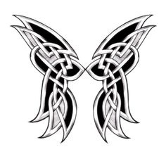 two black and white wings with celtic designs on it's back side, in the shape of an angel