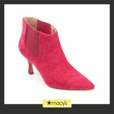 in stock Pink Low Heel Boots For Fall, Pink Ankle-high Heels For Fall, Pink Suede Heels With Round Toe, Pink High Heel Boots Medium Width, Pink Suede Closed Toe Heels, Pink Suede Low Heel Shoes, Pink Leather Spring Booties, Pink Low Heel Boots For Spring, Pink Suede Heels With Pointed Toe