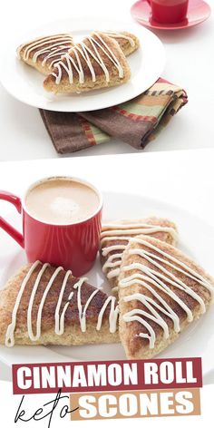 there are two pictures of cinnamon roll scones on the plate and one has a cup of coffee