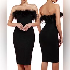 Black Bandage Strapless Feather Dress Size M New Without Tags Polyester 97.6%, Spandex 2.4% Elegant Strapless Mini Dress With Feathers, Elegant Strapless Feathered Mini Dress, Fitted Feathered Strapless Dress For Night Out, Strapless Club Dress With Feather Trim, Strapless Club Dress With Feathers, Fitted Strapless Dress With Feather Trim For Parties, Fitted Strapless Dress With Feathers, Black Strapless Dress With Feathers, Chic Strapless Mini Dress With Feathers