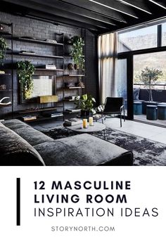 a living room filled with furniture and lots of plants on the shelves in front of a large window