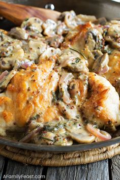 chicken and mushroom casserole in a skillet