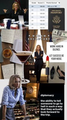 a collage of photos with women in business attire and money on the desks