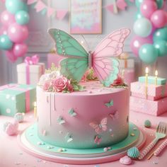 a pink and blue cake with butterflies on it, surrounded by other cakes and decorations