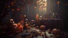 halloween scene with pumpkins, candles and skulls on the ground in front of an open window