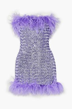 Find OSEREE Strapless Feathertrimmed Sequined Tulle Mini Dress on Editorialist. Strapless dress tulle ostrich feather turkey feathers sequins button fastenings along side fully lined lightweight, heavily embellished fabric hand wash ostrich: china made in italy Be prepared for compliments all night long when wearing Oséree's glamorous mini dress, you're sure to ruffle a few feathers. The figure-hugging tulle base is drenched in sequins that twinkle even in low light while the fluffy plumes will come alive as you dance. Halterneck Mini Dress, Tulle Mini Dress, Purple Feather, Purple Mini Dresses, Dress For Woman, Mini Dresses For Women, Feather Dress, Dressy Outfits, Sequin Mini Dress