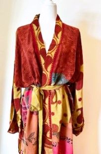 Top of the Line Silk Kimono Duster, Abstract Mixed Print (Rust) Fitted Multicolor Silk Kimono, Elegant Multicolor Printed Kimono, Elegant Multicolor Silk Kimono, Resort Beach, Kimono Duster, Luxury Silk, Small Print, Silk Kimono, Agra