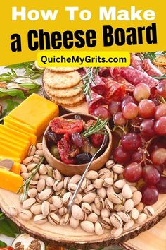 A wooden board with pistachios, grapes, cheese, crackers and olives. Make A Cheese Board, Fall Charcuterie Board, Fall Charcuterie, Beautiful Cheese Board, Savoury Crackers, Easy Appetizers, Charcuterie Cheese, Catering Food, Cheese Appetizers