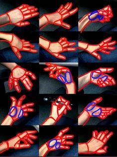 multiple images of different hands with blue and red designs