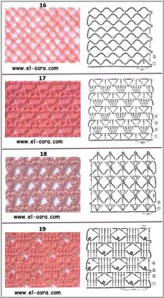 the instructions for crochet stitches in different colors and sizes, including pinks