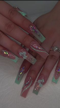 Butterfly Clear Nails, Cute Nail Ideas For Prom, Spring Bling Nails, Lilac And Silver Nails, Senior Nails Ideas, Bling Acrylic Nails Rhinestones, Sweet 16 Nail Ideas, Butterfly Nails Acrylics, Res Nails