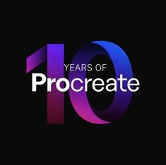 the 10 years of procreate logo on a black background with purple and blue letters