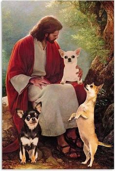 a painting of jesus sitting on a rock with two small dogs and one dog standing next to him