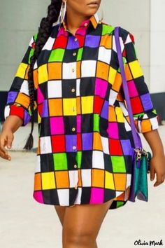 Olivia Mark - Chic Patchwork Shirt Dress with Turndown Collar for a Casual Yet Stylish Look Casual Printed Dresses, Collar Shirt Dress, Patchwork Shirt, Printed Casual Dresses, Collared Shirt Dress, Dress Sleeve Styles, Printed Dresses, Printed Shirt Dress, Turndown Collar