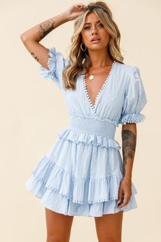 Nerissa Puff Sleeve Shirred Waist Dress Spotty Blue by Selfie Leslie Shirred Waist Dress, Crochet Circle, Frills And Ruffles, Yellow Bridesmaids, Date Night Dresses, Mini Dress Casual, Nude Heels, Waist Dress, Mesh Dress