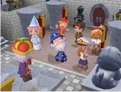 several animated characters standing in front of a castle