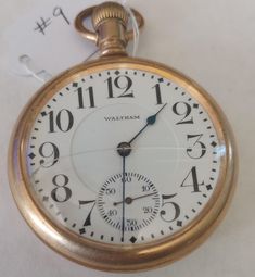 Waltham Crescent Street RR 1906-07 Pocket Watch Serial# 15,063,650 Size 16 SB&B YGF case Stem wound Lever set 21 Jwewl  Arabic RR dial blue Hands Has a broken crystal Vintage Handmade Gold Pocket Watch, Vintage Collectible Pocket Watch With Metal Dial, Antique Self-winding Medallion Pocket Watch, Victorian Self-winding Pocket Watch Collectible, Antique Gold Self-winding Pocket Watch, Pocket Watches, Pocket Watch, Crescent, Size 16