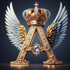 the letter a with wings and a crown on top is surrounded by jewels in gold