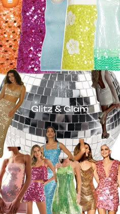 several women in sequins and dresses posing for the camera with disco balls behind them