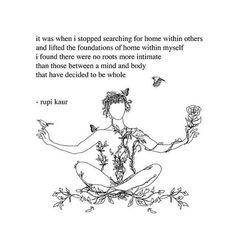 a drawing of a woman sitting in the middle of a flower filled area with words on it