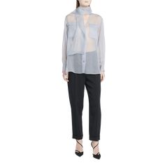 Giorgio Armani sheer organza tunic blouse with a scarf neck V neckline; button front Long sleeves; button cuffs Chest flap pockets Relaxed fit Back yoke Silk Dry clean Made in Italy Sheer Long Sleeve Blouse For Work, Sheer Silk Long Sleeve Blouse, Chic Long Sleeve Silk Chiffon Tops, Fall Sheer Collared Blouse, Designer Blouse With Sheer Sleeves For Formal Occasions, Sheer Button-up Blouse For Work, Silk Chiffon Top With Sheer Long Sleeves, Sheer Silk Office Blouse, Elegant Blouse With Button Cuffs For Layering