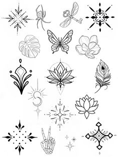 a bunch of tattoos that are drawn in black ink on white paper, with different designs