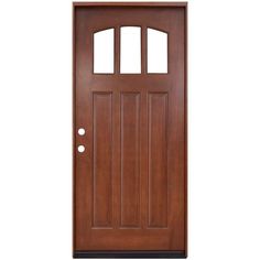 a wooden door with two sidelights on the top and bottom panel, in dark wood