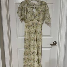 Light Flutter Sleeve Midi Dress. Open Back. Midi-length Beige Dress With Gathered Sleeves, Beige Relaxed Fit V-neck Midi Dress, Beige Cotton V-neck Midi Dress, Vintage Floral Print Midi Dress With V-neck, Beige Floral Print V-neck Midi Dress, Astr The Label, Open Back, Midi Dress With Sleeves, Flutter Sleeve