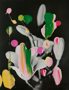 an abstract painting with pink, green and yellow flowers in the center on a black background