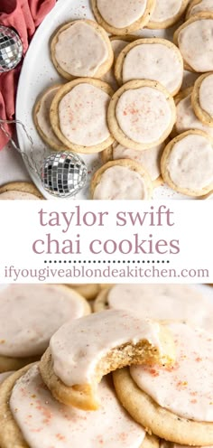 a plate full of cookies with icing on top and the words taylor swift chai cookies