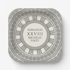 a black and white birthday party plate with the words adnan's xxxviii birthday party on it