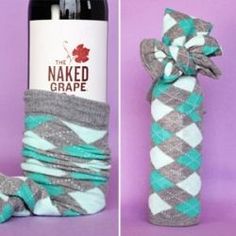 two images show one wrapped wine bottle and the other showing an unwrapped sock