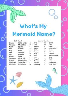 an image of a mermaid baby shower game with the words what's my mermaid name?