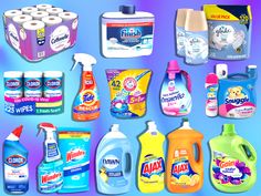 many different types of cleaning products on a blue and purple background with the same product