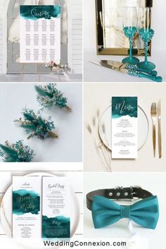 the wedding stationery is set up in teal and white