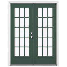 a green double door with two windows