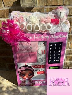 a pink vending machine sitting next to a brick wall with teddy bears on it