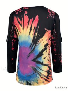 Lasaky - Vibrant Print Crew Neck T-Shirt: Stylish Hollow Long Sleeve Tee for Spring & Summer, Womenswear Multicolor Long Sleeve T-shirt For Summer, Multicolor Crew Neck Shirt For Fall, Colorful Crew Neck Top For Fall, Multicolor Long Sleeve Summer T-shirt, Black Crew Neck Top With Rainbow Print, Casual Black Tops With Rainbow Print, Tie Dye Crew Neck Top With Rainbow Print, Long Sleeve Graphic Print T-shirt For Festivals, Tie Dye Rainbow Print Crew Neck Top