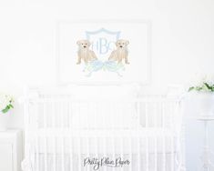 a baby's room with a white crib and flowers