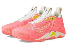 Mizuno Wave Momentum 3 - Women's Volleyball Shoes : Candy Coral : Take on the world and stride perfectly wearing the Mizuno Wave Momentum 3. Crafted from nylon upper, lining and EVA insole, this pair of shoes features round toe, lace detailing, MIZUNO ENERZY foam to enhance performance, Dura Shield to protect toe from damage of friction and DynamotionFit bootie construction that offers a comfortable, snug fit and maximum stability. EVA midsole. Rubber outsole. Imported. Measurements: Heel Height: 1 3 10 in Weight: 11.52 oz Product measurements were taken using size 7, width B - Medium. Please note that measurements may vary by size. Women’s Volleyball Shoes, Volleyball Shoes Womens, Colorful Volleyball Shoes, Mizuno Volleyball, Best Volleyball Shoes, Pink Snow, Volleyball Shoes, Women Volleyball, Black White Gold