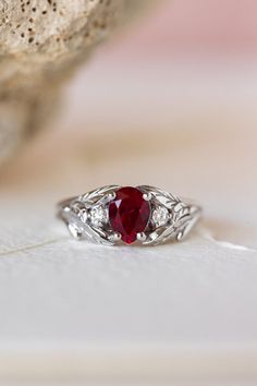 READY TO SHIP: Wisteria ring in 14K white gold, lab ruby pear cut 7x5 mm, accent moissanites, AVAILABLE RING SIZES: 4.5-6.5US | Eden Garden Jewelry™ Engagement Rings Romantic, Nature Engagement Ring, Gold Leaf Rings, Nature Inspired Rings, Rose Gold Diamond Ring, Engagement Ring White Gold, Ruby Engagement Ring, Nature Inspired Design, Exclusive Jewelry