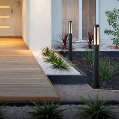 the entrance to a modern house is lit up by two lights and surrounded by succulents