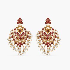 Aashi Antique Earrings Luxury Traditional Designer Earrings, Luxury Chandbali Gemstone Earrings, Chandbali Earrings Gold Kameswari Jewellers, Temple Style Red Chandelier Earrings For Diwali, Red Chandbali Chandelier Earrings For Festive Occasions, Festive Red Chandbali Chandelier Earrings, Festive Red Pearl Earrings, Dual-tone Chandbalis For Festive Occasions, Red Chandbali Earrings For Eid