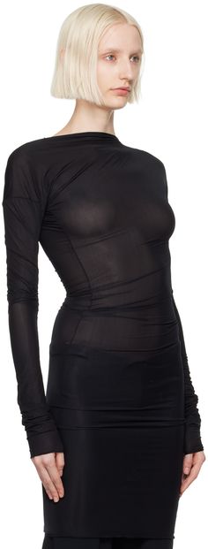 Semi-sheer stretch nylon jersey T-shirt. · Twisted seams · Boat neck Supplier color: Black Black Second-skin Top For Party, Black Sheer High-stretch Mesh Top, Black Sheer High Stretch Mesh Top, High Stretch Sheer Black Mesh Top, Sleek Sheer Tops For Evening, Sleek Sheer Top For Evening, Black Sheer High Stretch Tops, Nylon Stretch Top With Sheer Sleeves, Stretch Nylon Top With Sheer Sleeves